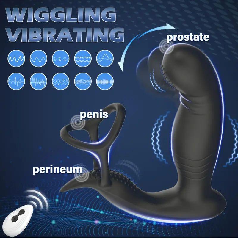 Wiggling Prostate Massager Remote Control Anal Vibrator with Penis Rings Butt Plug Adult Sex Toy - propinkup