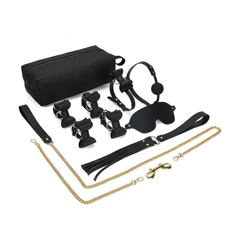 Genuine Leather Bondage Kits Sex Toys Sex Game for Couples Handcuff Ankle Cuffs Collar Gag Hogtie - propinkup