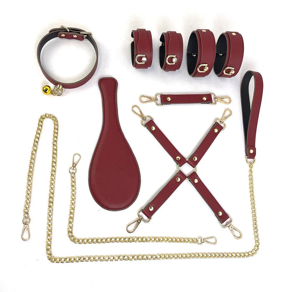 Genuine Leather Bondage Kits Sex Toys Sex Game for Couples Handcuff Ankle Cuffs Collar Gag Hogtie - propinkup