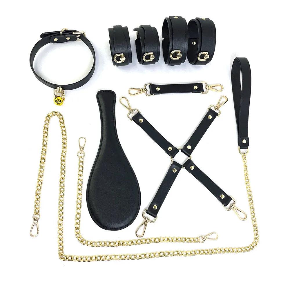 Genuine Leather Bondage Kits Sex Toys Sex Game for Couples Handcuff Ankle Cuffs Collar Gag Hogtie - propinkup