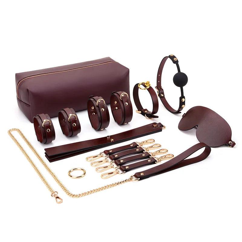 Genuine Leather Bondage Kits Sex Toys Sex Game for Couples Handcuff Ankle Cuffs Collar Gag Hogtie - propinkup