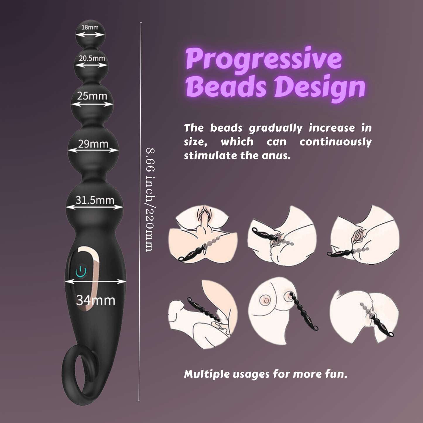 Graduated Design Vibrating Anal Beads Butt Plug With 7 Vibration Modes - propinkup