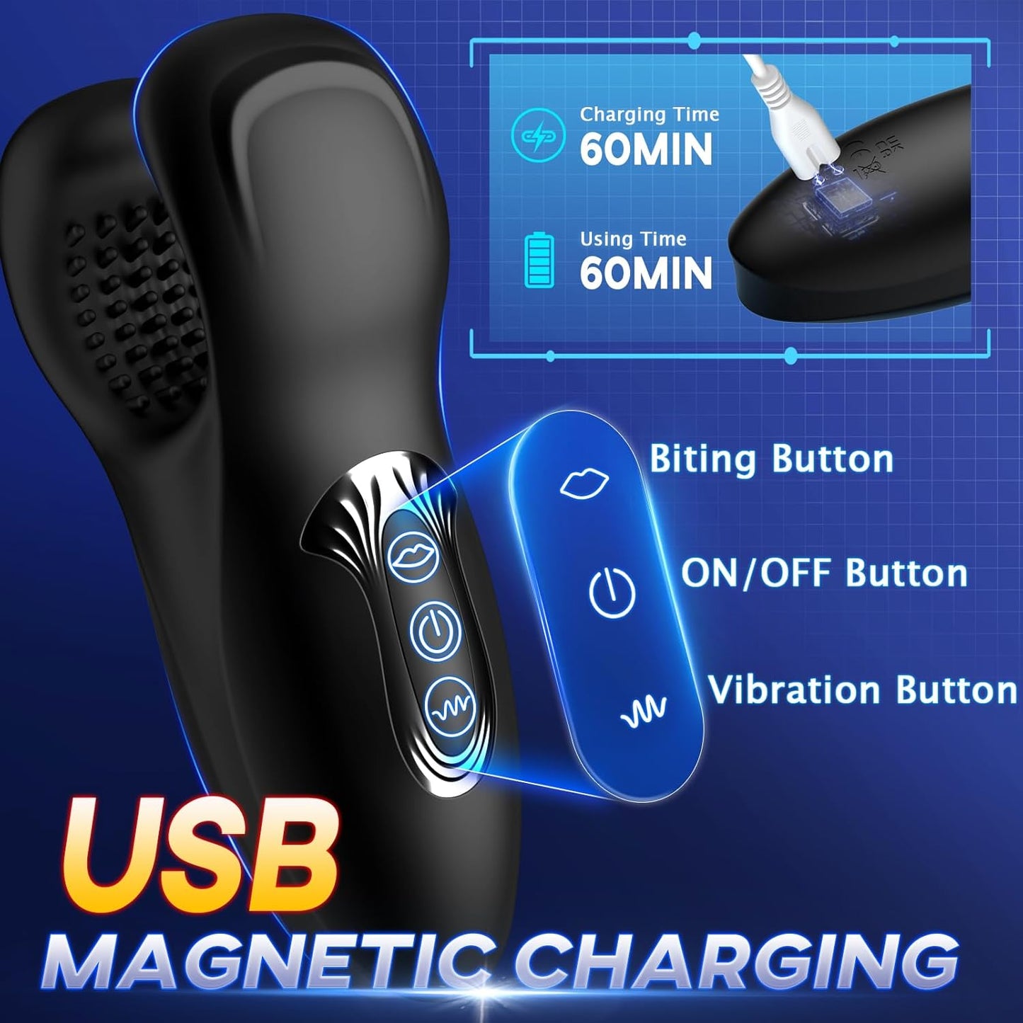 Male Masturbator Penis Training Vibrator with 10 Dual Headed Bite & Vibration