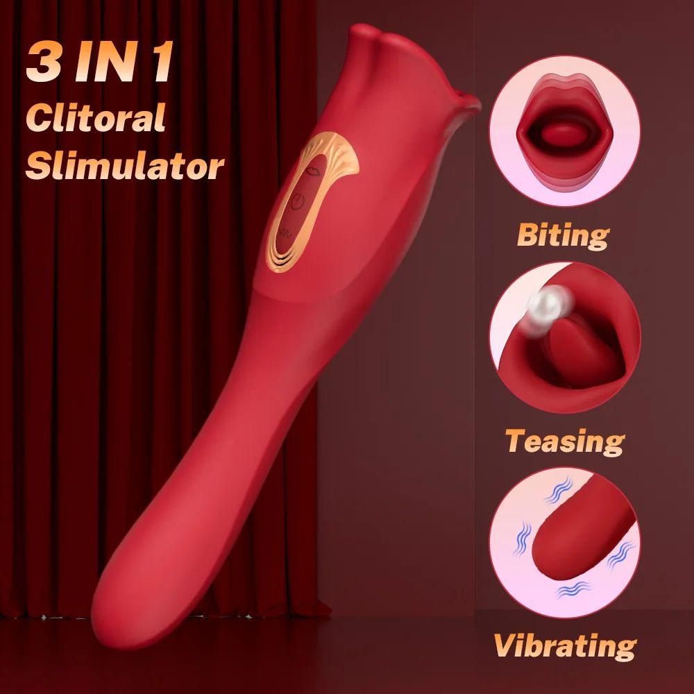 Rose Kiss 10 Biting & 10 Licking G-Spot Vibrator Female Oral Sex Vibrators - propinkup