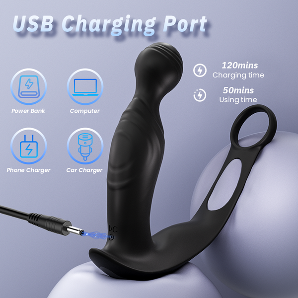 Rotating Prostate Massager Remote Control Anal Vibrator with Dual Penis Rings Man Sex Toys