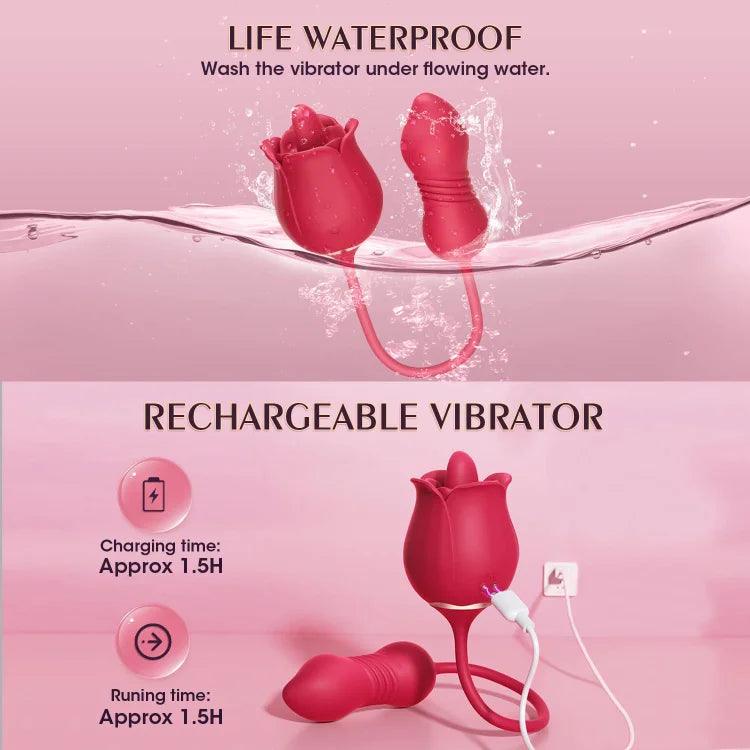 Rose Vibrator for Woman - 3 in 1 Clitoral Stimulator Tongue Licking Thrusting G Spot Dildo Vibrator with 9 Modes - propinkup