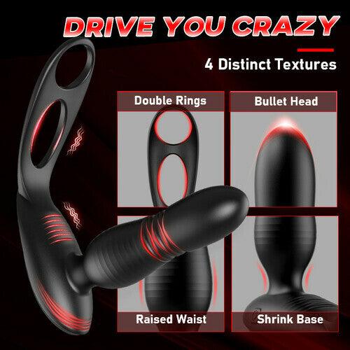 Alston Low Noise 10 Thrusting & Vibrating Double Cock Rings Silicone Prostate Massager - propinkup